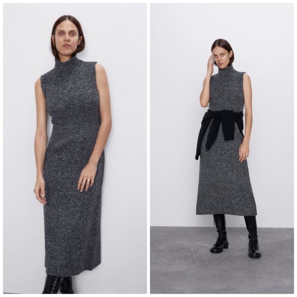 Zara Women's Grey Long Knit Wool‎ Blend High Neck Dress Size Large